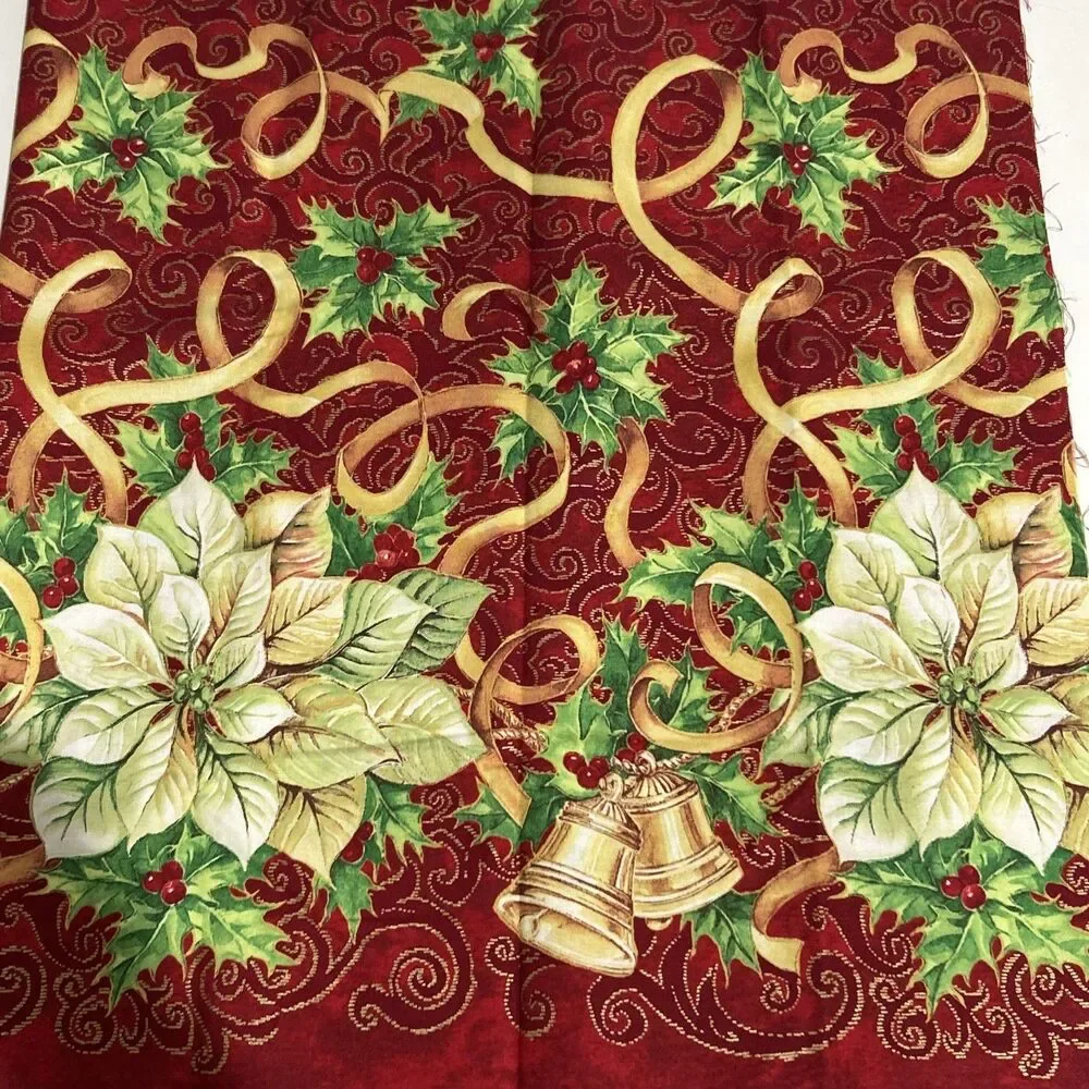 Christmas Fabric Poinsettias Bells Ribbons Holly Cotton Quilting 1 Yd X 42